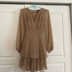 Japna Long Sleeve V-Neck Dress in Tan